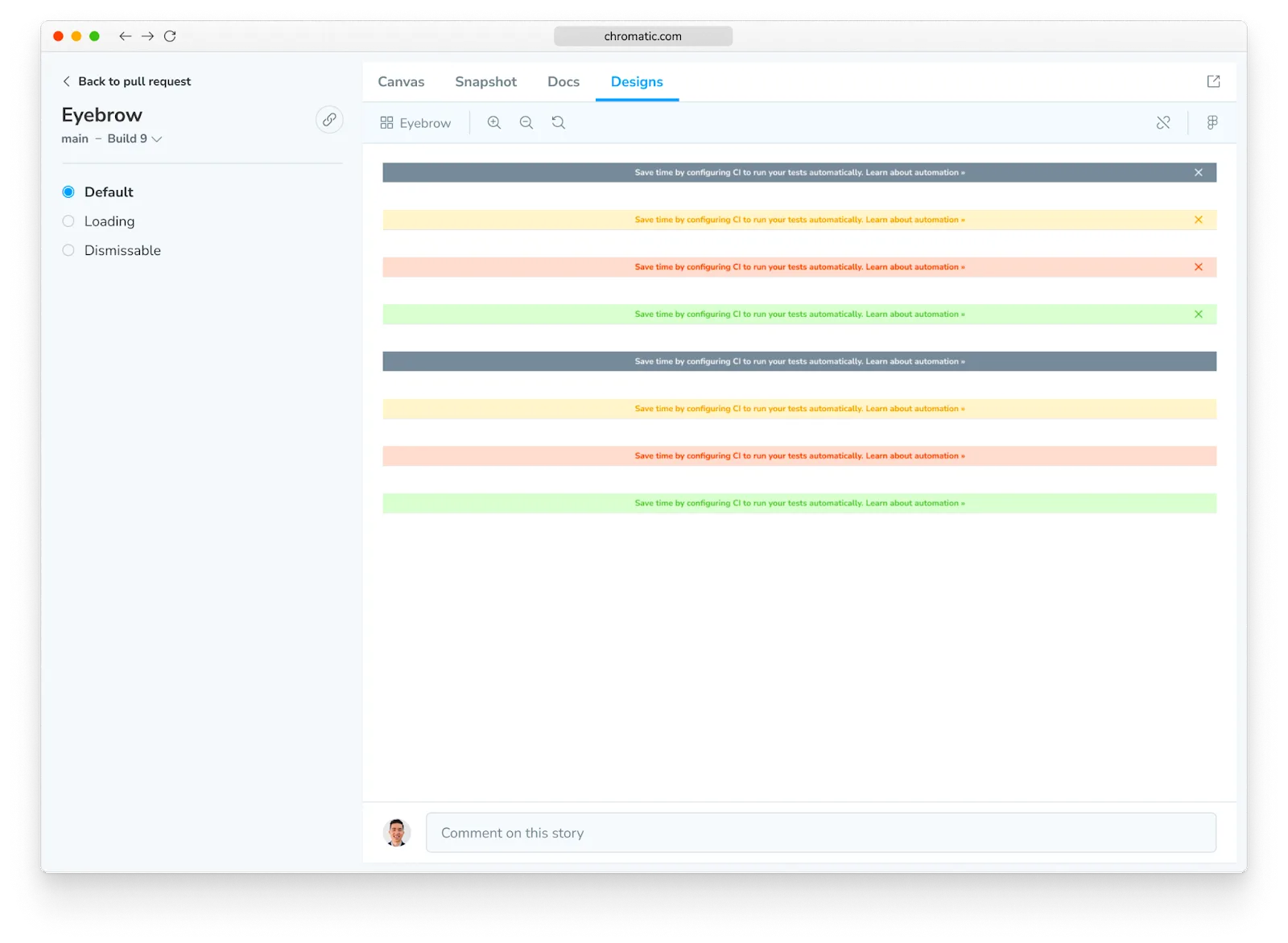 Designs tab in Chromatic showing the rendering of a Figma component